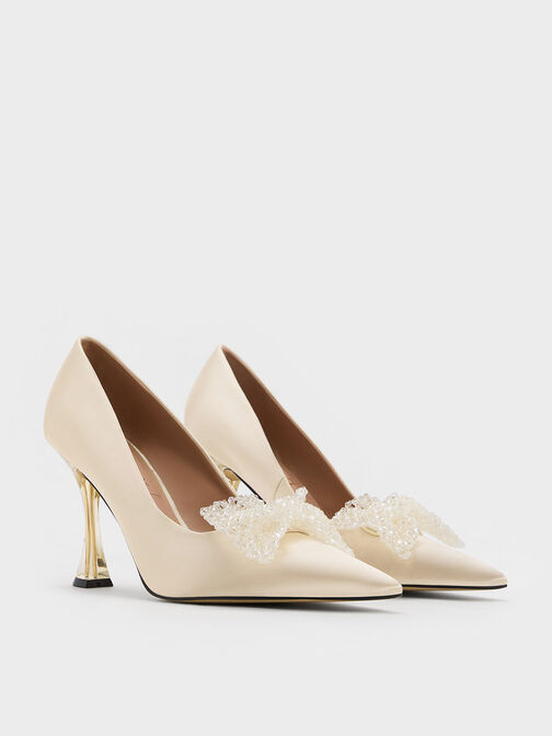 Recycled Polyester Beaded Bow Pumps, Champagne, hi-res