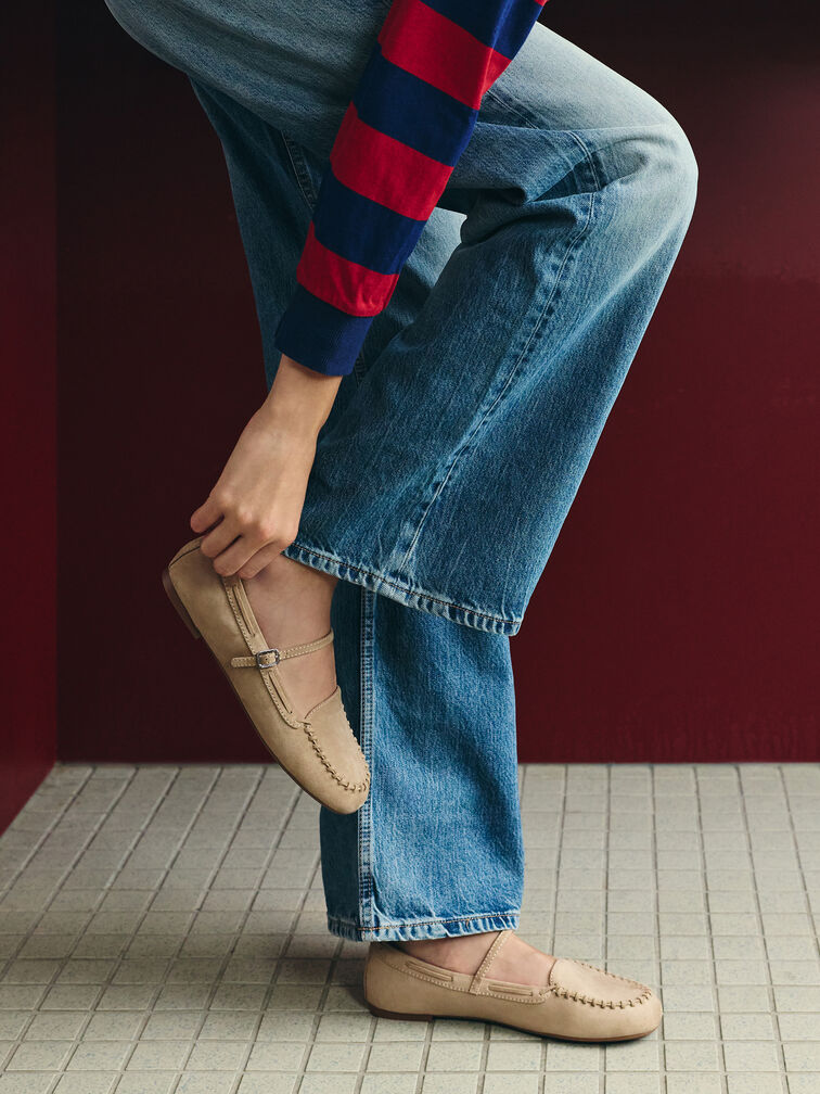 Gale Faux Suede Mary Jane Loafers, Beige, hi-res