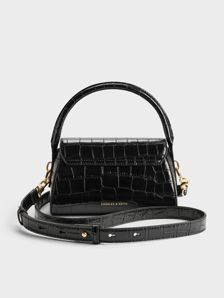 حقيبة كايلا بمقبض علوي وغطاء أمامي أنيق بتصميم على شكل جلد التمساح, أسود كروكو, hi-res