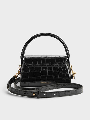 حقيبة كايلا بمقبض علوي وغطاء أمامي أنيق بتصميم على شكل جلد التمساح, أسود كروكو, hi-res