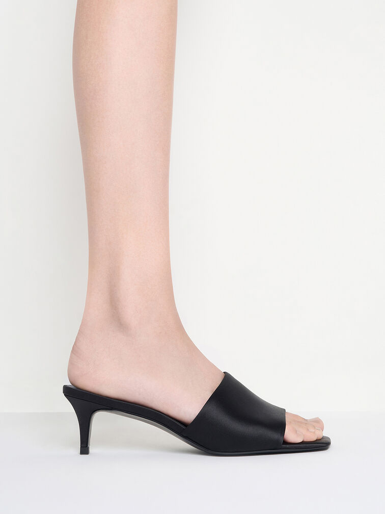 حذاء ميول من الساتان بكعب القطة ومقدمة مربعة, أسود خشن, hi-res