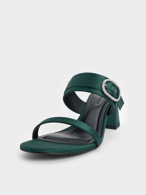 Recycled Polyester Crystal-Buckle Block-Heel Mules, Dark Green, hi-res