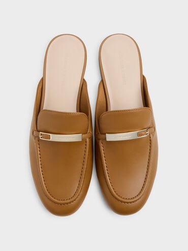Metallic-Bar Loafer Mules, Cognac, hi-res