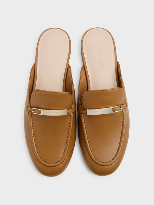 Metallic-Bar Loafer Mules, Cognac, hi-res