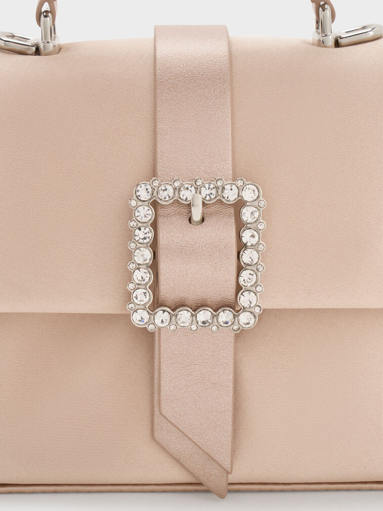 حقيبة ساتان بمقبض علوي وحزام وإبزيم كريستالي, نود خوخي دافئ, hi-res