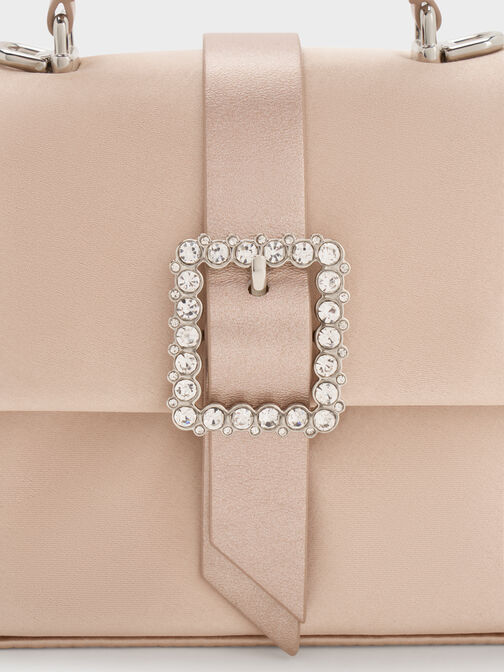 Satin Crystal-Buckle Belted Top Handle Bag, Sunset Nude, hi-res