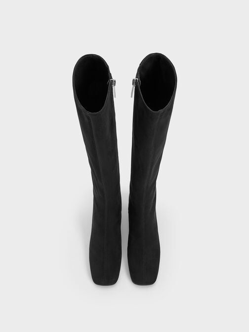 Faux Suede Square-Toe Knee-High Boots, Black Textured, hi-res