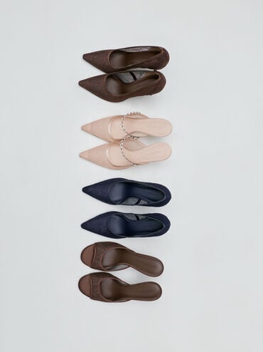 ميولز من الدانتيل بكعب ستيليتو, بني محبّب غامق, hi-res