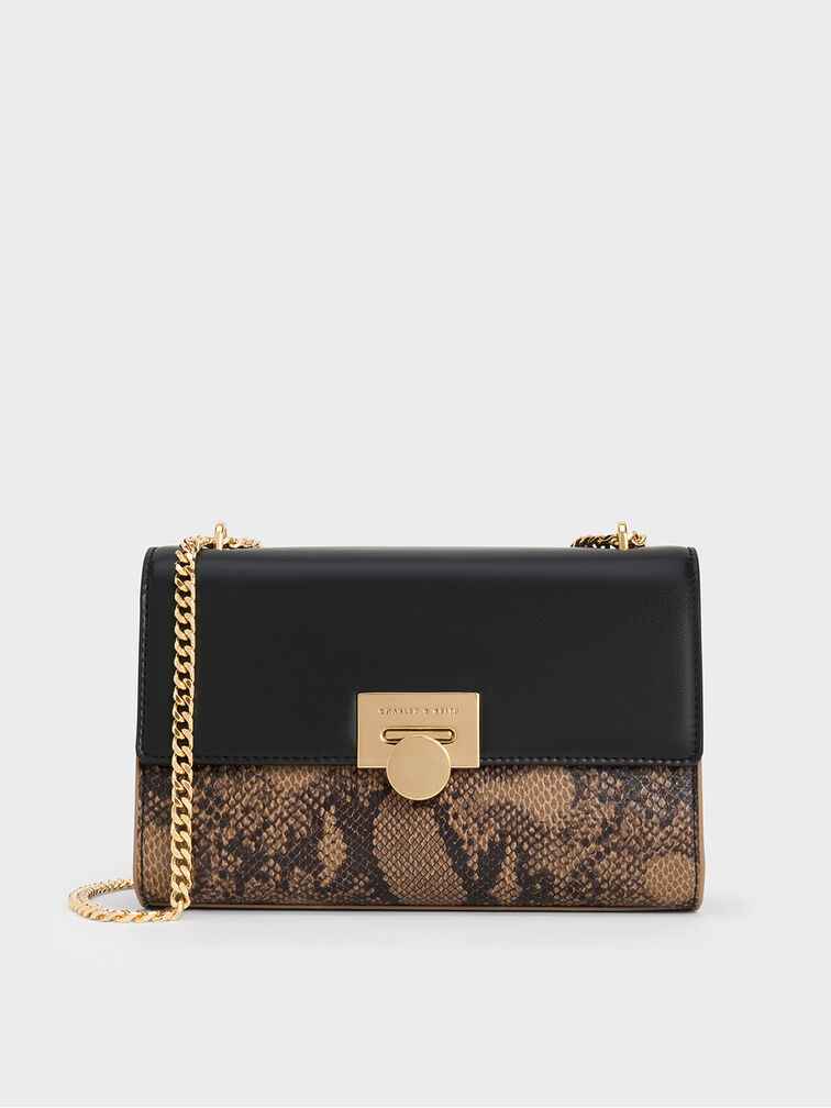 Ebba Snake Print Chain-Strap Bag, Beige, hi-res