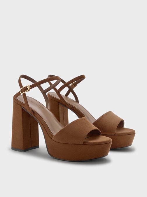 Satin Block-Heel Platform Sandals, Dark Brown Textured, hi-res