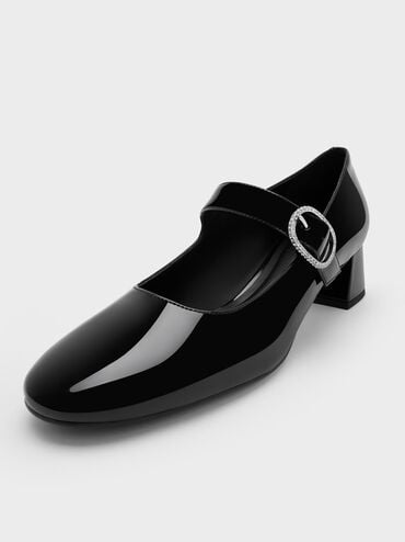 حذاء جاني من الجلد اللامع بكعب وتصميم ماري جين وإبزيم مرصع بالكريستال, أسود براق, hi-res