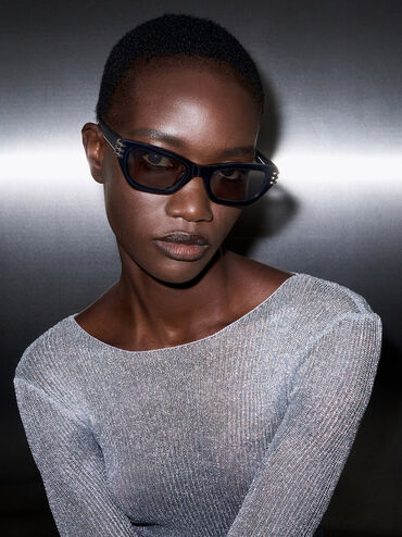 Metallic-Accent Angular Cat-Eye Sunglasses, Noir, hi-res