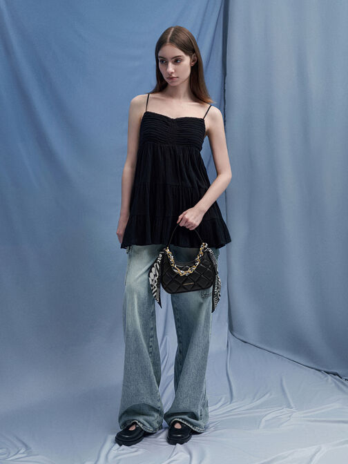 حقيبة ألكوت الصغيرة المبطّنة بمقبض مزيّن بوشاح, أسود, hi-res