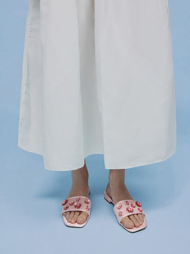 Mesh & Satin Sequin-Flower Slide Sandals, Pink, hi-res