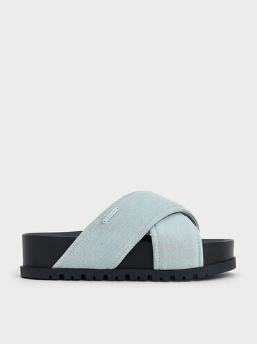 Denim Crossover-Strap Flatform Sandals, Light Blue, hi-res