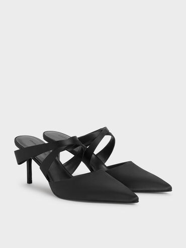 Satin Pleated-Strap Heeled Mules, Black Textured, hi-res