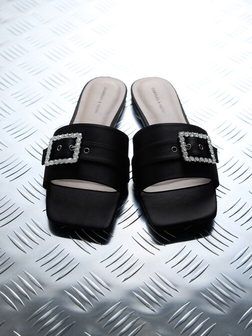 Recycled Polyester Gem-Buckle Square-Toe Slide Sandals, Black Textured, hi-res