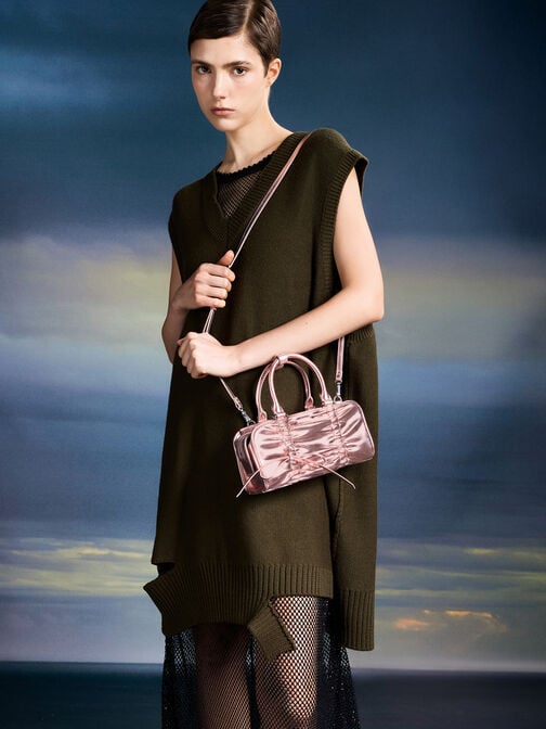 حقيبة بولينغ ميتاليك بتعليقة فيونكة, زهري مضيء, hi-res