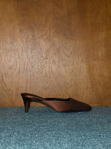 Satin Square-Toe Blade-Heel Mules, Dark Brown, hi-res
