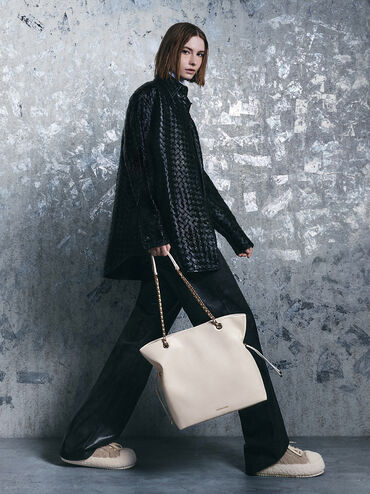 حقيبة توت بحمالة ضفيرة, كريم, hi-res