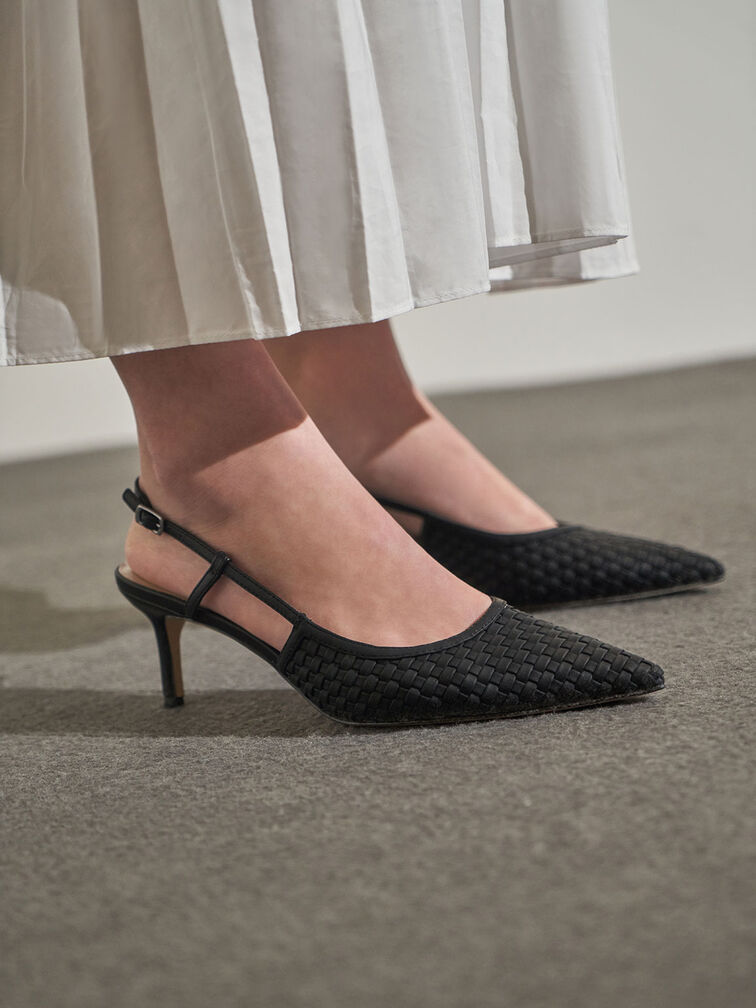 Woven Slingback Pumps, Black, hi-res