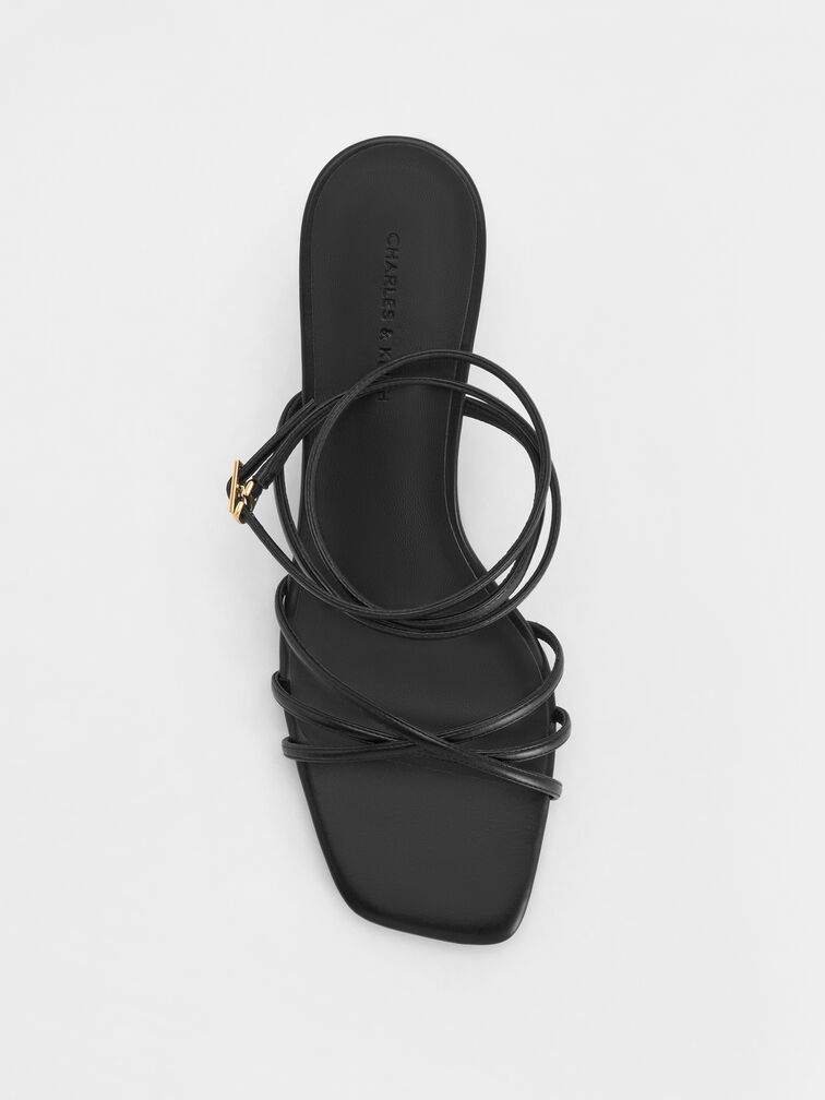 صندل بكعب صغير وأشرطة ومقدمة مربعة, أسود, hi-res