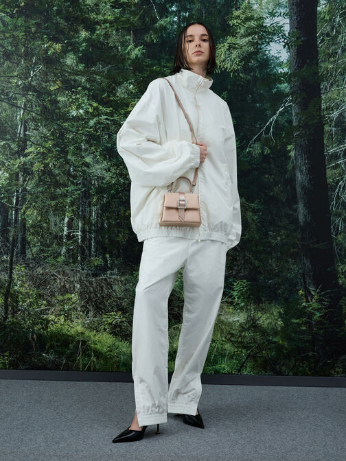 Satin Crystal-Buckle Belted Top Handle Bag, Sunset Nude, hi-res