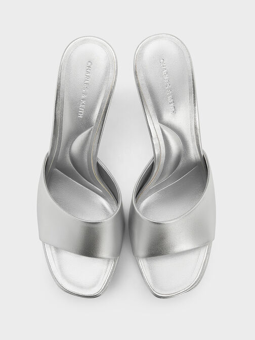 صندل مولز بلمسة معدنية وكعب عالٍ ونعل سميك, فضي, hi-res