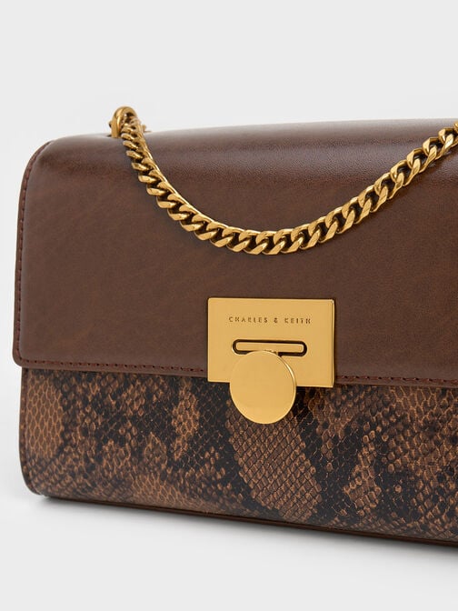 Ebba Snake Print Chain-Strap Bag, Brown, hi-res