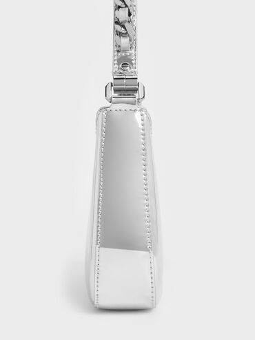 حقيبة كتف بتصميم مموج ومظهر معدني ومقبض مضفر مزين بسلسلة, فضي, hi-res