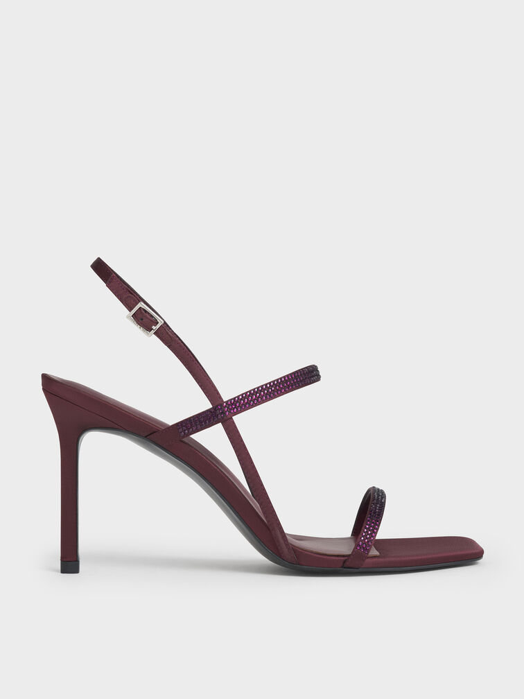 Arona Satin Crystal-Embellished Stiletto-Heel Sandals, Burgundy, hi-res