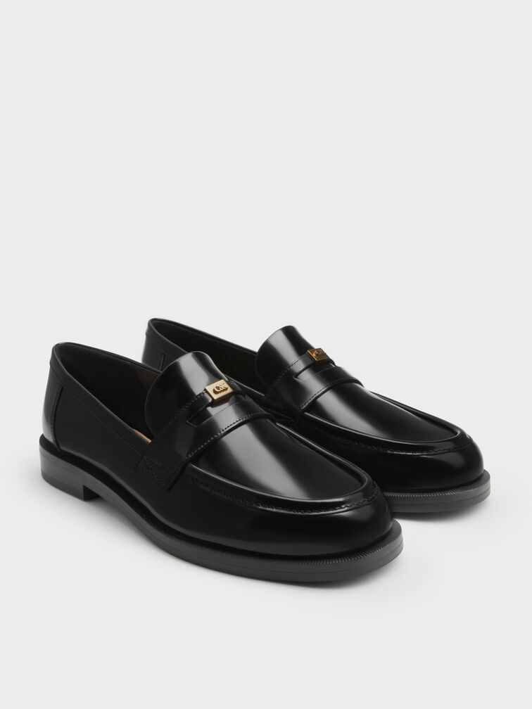 Georgina Leather Metallic-Accent Penny Loafers, Black Boxed, hi-res