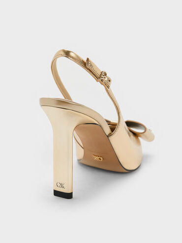 Lu Metallic Leather Bow Blade-Heel Slingback Pumps, Gold, hi-res