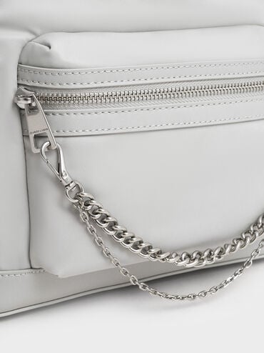 Nylon Puffy Chain-Link Backpack, Light Grey, hi-res