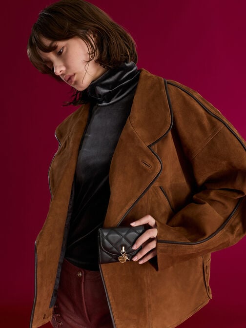 Arrietty Quilted Bow-Heart Charm Curved-Flap Wallet, Black, hi-res