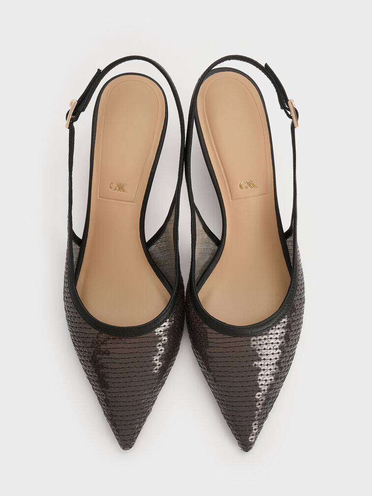 حذاء هيلز بكعب عالٍ سلينجباك من من الجلد والشبك والترتر, أسود خشن, hi-res