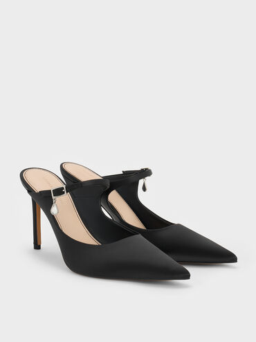 حذاء (مولز) ساتان مفتوح من الخلف، مزوّد بشريط عند الكاحل مزين بكريستالات على شكل دمعة وحزام بمشبك، بكعب طويل ورفيع., أسود خشن, hi-res