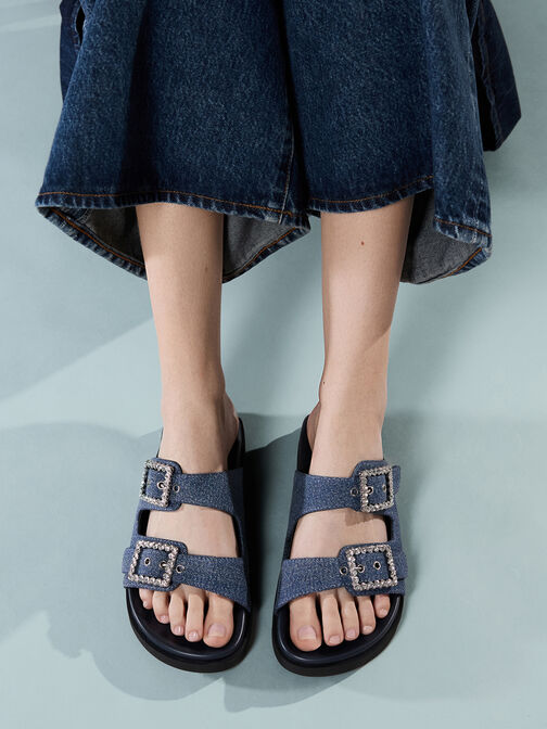 Denim Gem-Buckle Double-Strap Sandals, Denim Blue, hi-res
