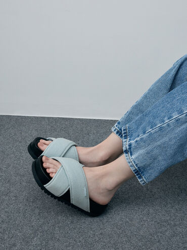 Denim Crossover-Strap Flatform Sandals, Light Blue, hi-res