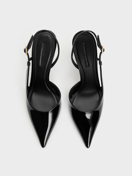 Wynn Patent Pointed-Toe Sculptural-Heel Slingback Pumps, Black Patent, hi-res