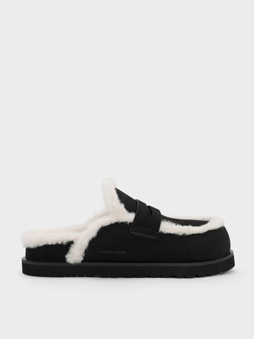 Furry Flatform Mules, Black Textured, hi-res