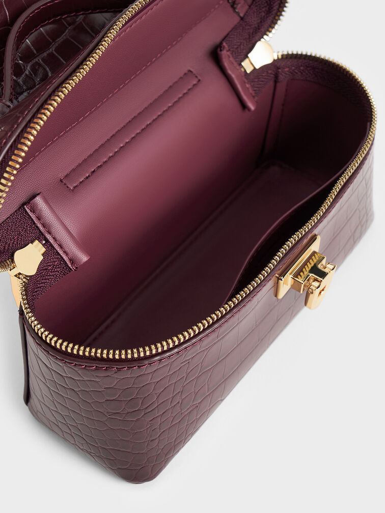 حقيبة مستحضرات تجميل أروين بمقبض علوي ونقشة جلد التمساح, برغندي, hi-res