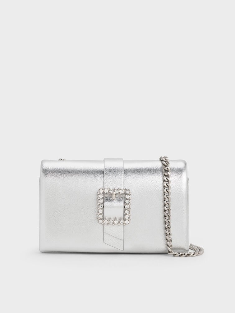 حقيبة معدنية مزينة بحزام ومقبض سلسلة وإبزيم كريستالي, فضي, hi-res