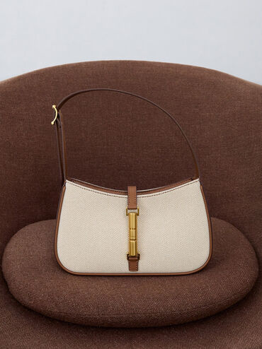 حقيبة كتف سيزيا من القماش بحلقة معدنية, شوكولاتي, hi-res