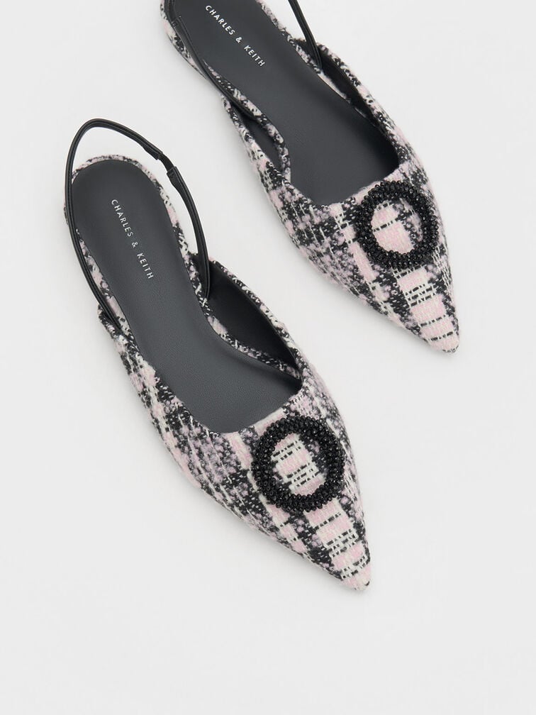 Beaded Circle Tweed Slingback Flats, Pink, hi-res