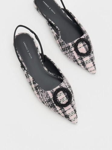 Beaded Circle Tweed Slingback Flats, Pink, hi-res