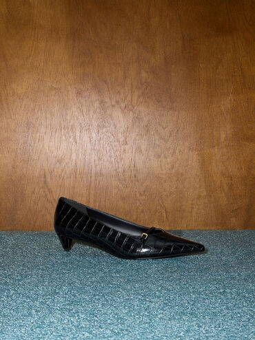 حذاء بكعب القطة ومقدمة مدببة وتصميم مزين بإبزيم ونقشة جلد التمساح, أسود حيواني, hi-res