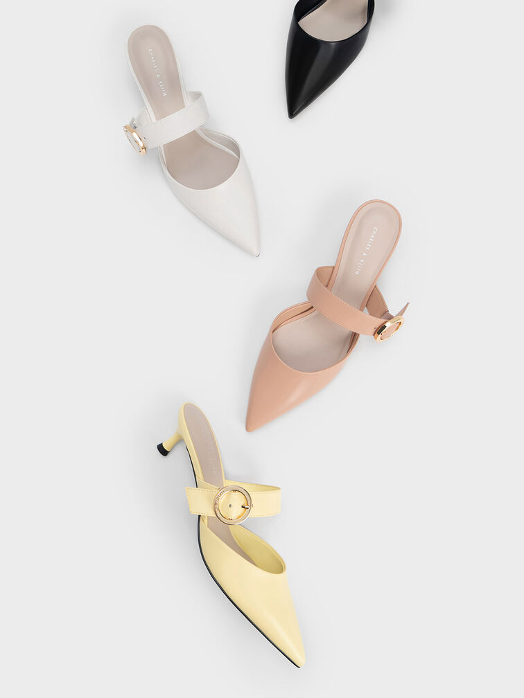 Buckled Strap Spool Heel Mules, White, hi-res