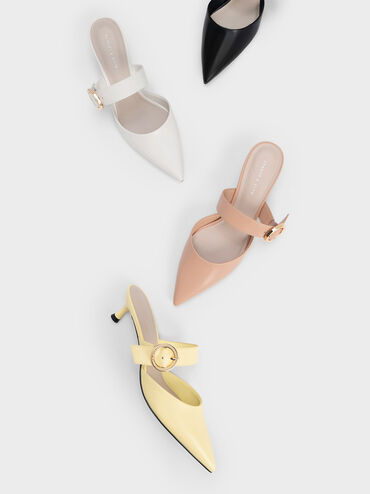 Buckled Strap Spool Heel Mules, White, hi-res