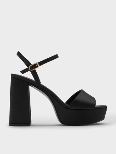Satin Block-Heel Platform Sandals, Black Textured, hi-res